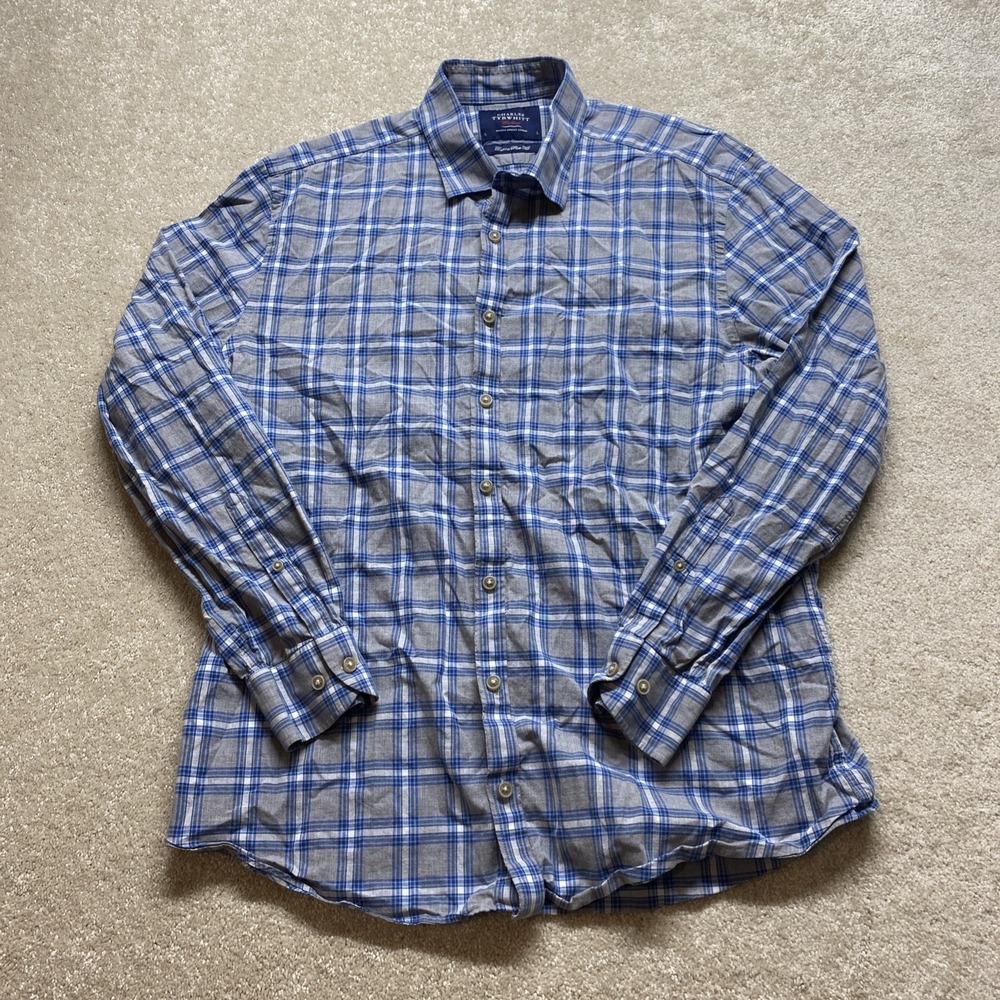 Charles Tyrwhitt Button Down Shirt Mens Large Blue Grey Plaid Extra Slim Fit